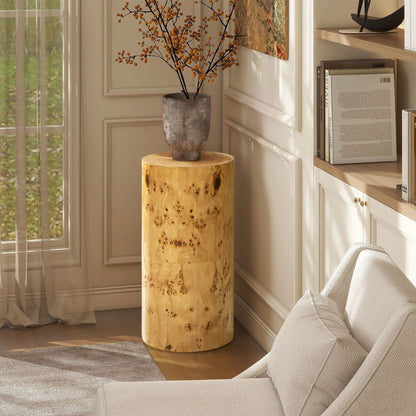 Nebula Accent Pillar Side Table in natural burl wood with orange berry branch arrangement on Tampa Home & Garden Store