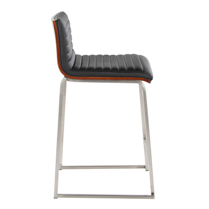 Contemporary fixed-height counter stool with tufted black upholstery and wood trim on chrome legs on Tampa Home & Garden Store