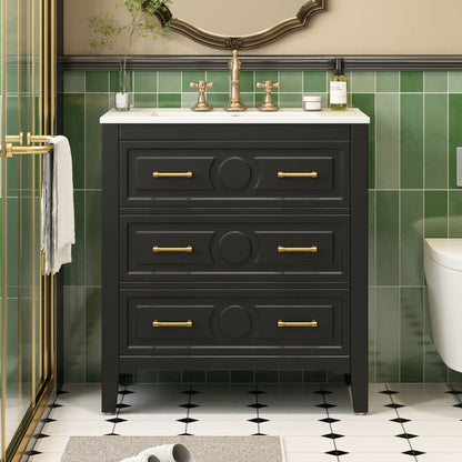 Retro vanity with sink, gray cabinet with 3 drawers, brass hardware Unique Piece Furniture on Tampa Home & Garden Store