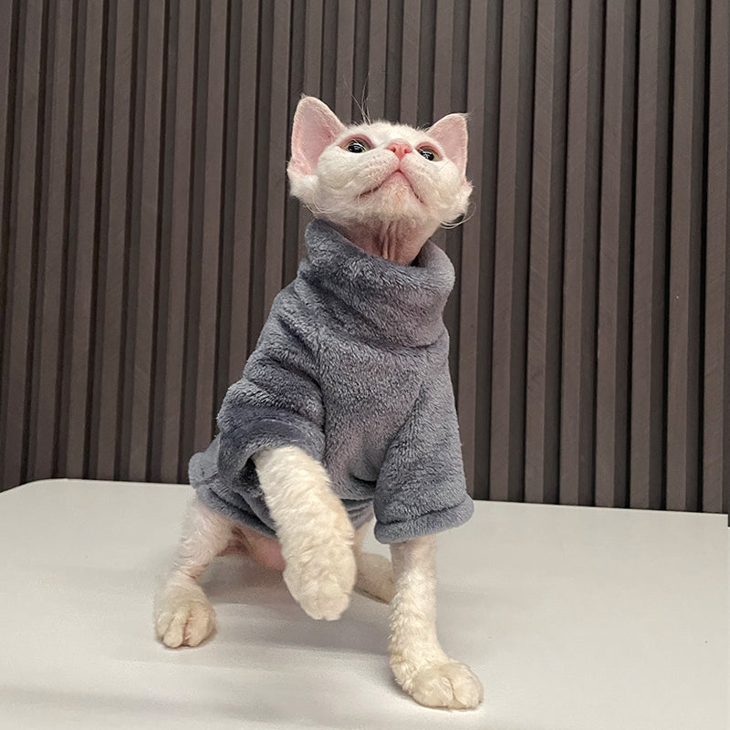 Ren Fa Cai hairless cat clothes by Pet Zen, gray plush turtleneck sweater on Tampa Home & Garden Store