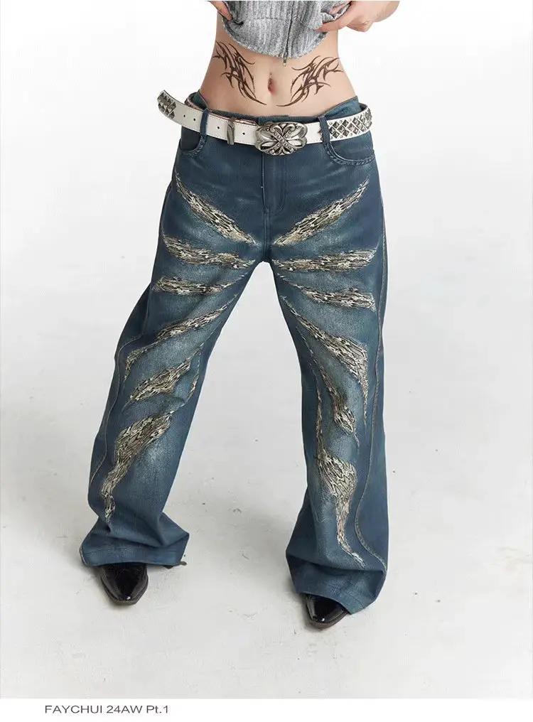 Original Digital 3D Full Printed Leopard Print Loose Jeans with distressed patches in blue denim on Tampa Home & Garden Store