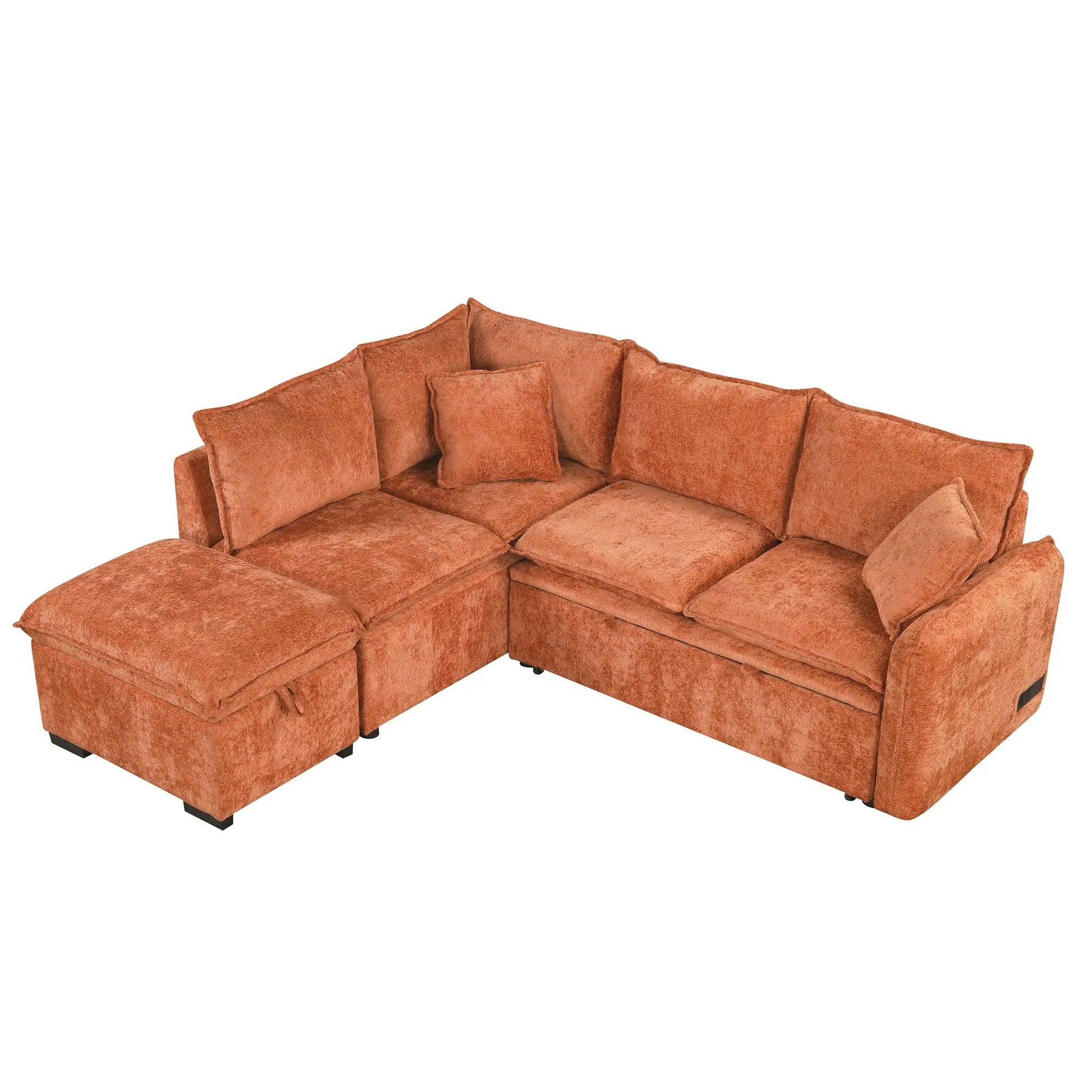Convertible sectional sofa in rust-orange fabric with L-shaped layout and plush cushions on Tampa Home & Garden Store