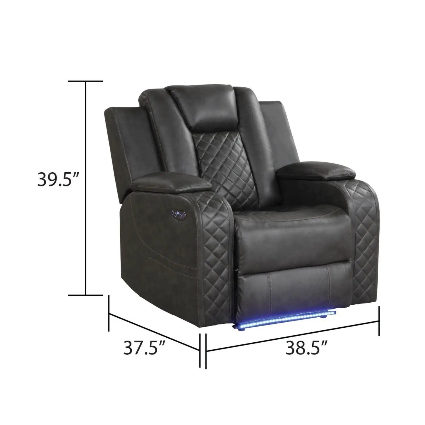 Benz LED power recliner with adjustable headrest, black leather, quilted back, LED base on Tampa Home & Garden Store