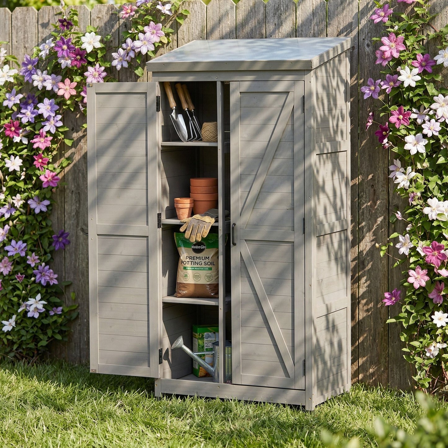 Outdoor Shed With Vertical Tool Cabinet and Shelf