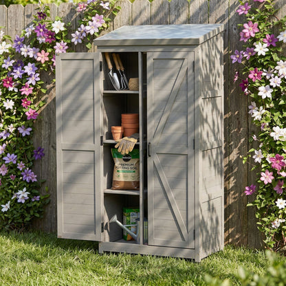 Outdoor Shed With Vertical Tool Cabinet and Shelf