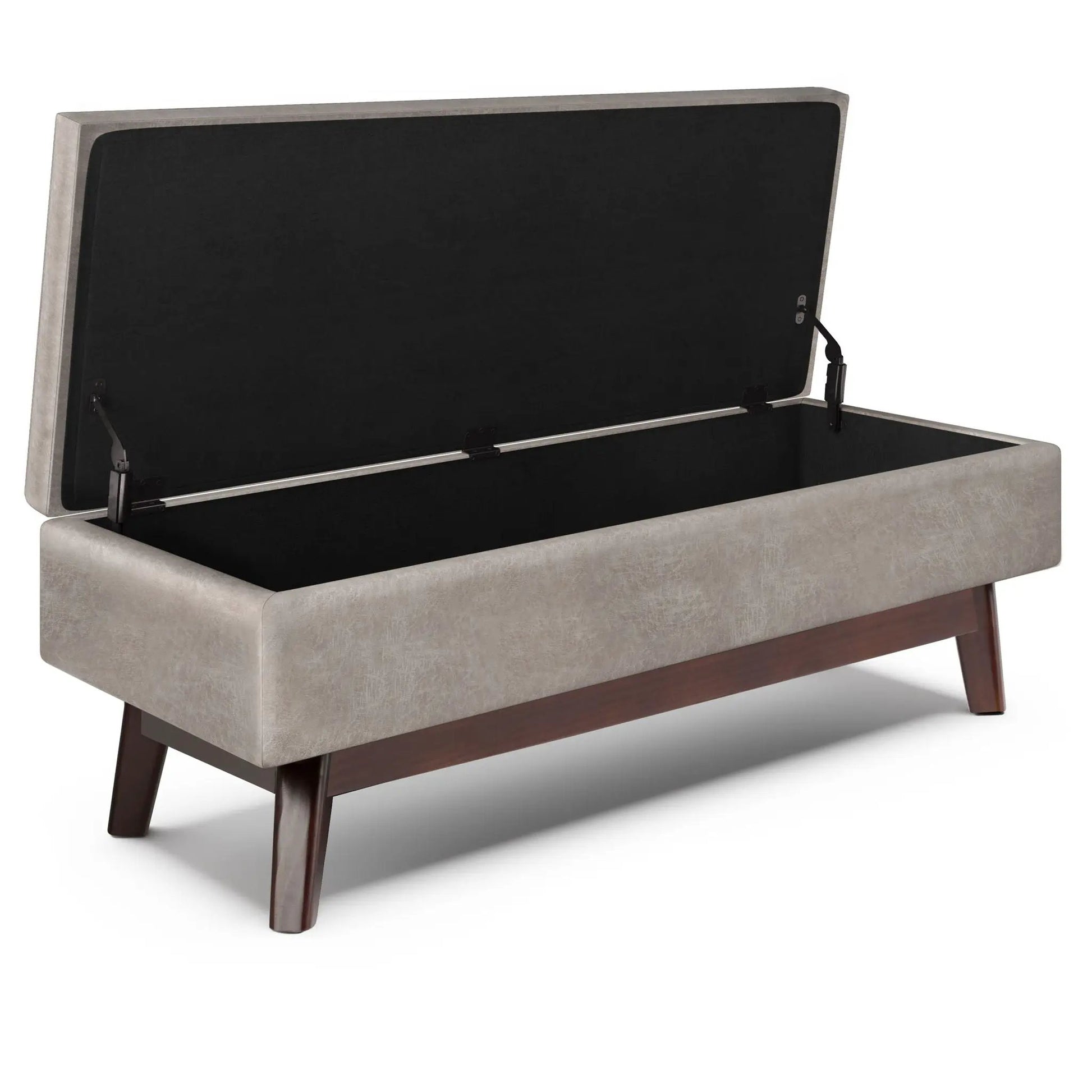 Owen upholstered storage ottoman in beige fabric with black interior and dark wood legs on Tampa Home & Garden Store