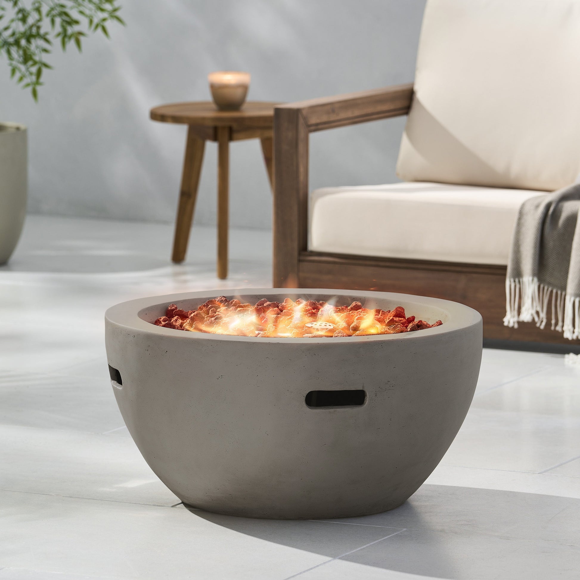 HouseOfZazla 27' bowl-shaped MGO 40,000 BTU propane fire pit, light grey on Tampa Home & Garden Store