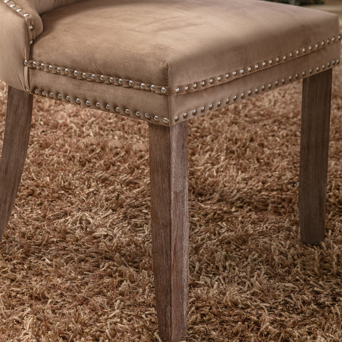 Tufted dining chair set in beige velvet with nailhead trim and wooden legs by HouseOfZazla on Tampa Home & Garden Store