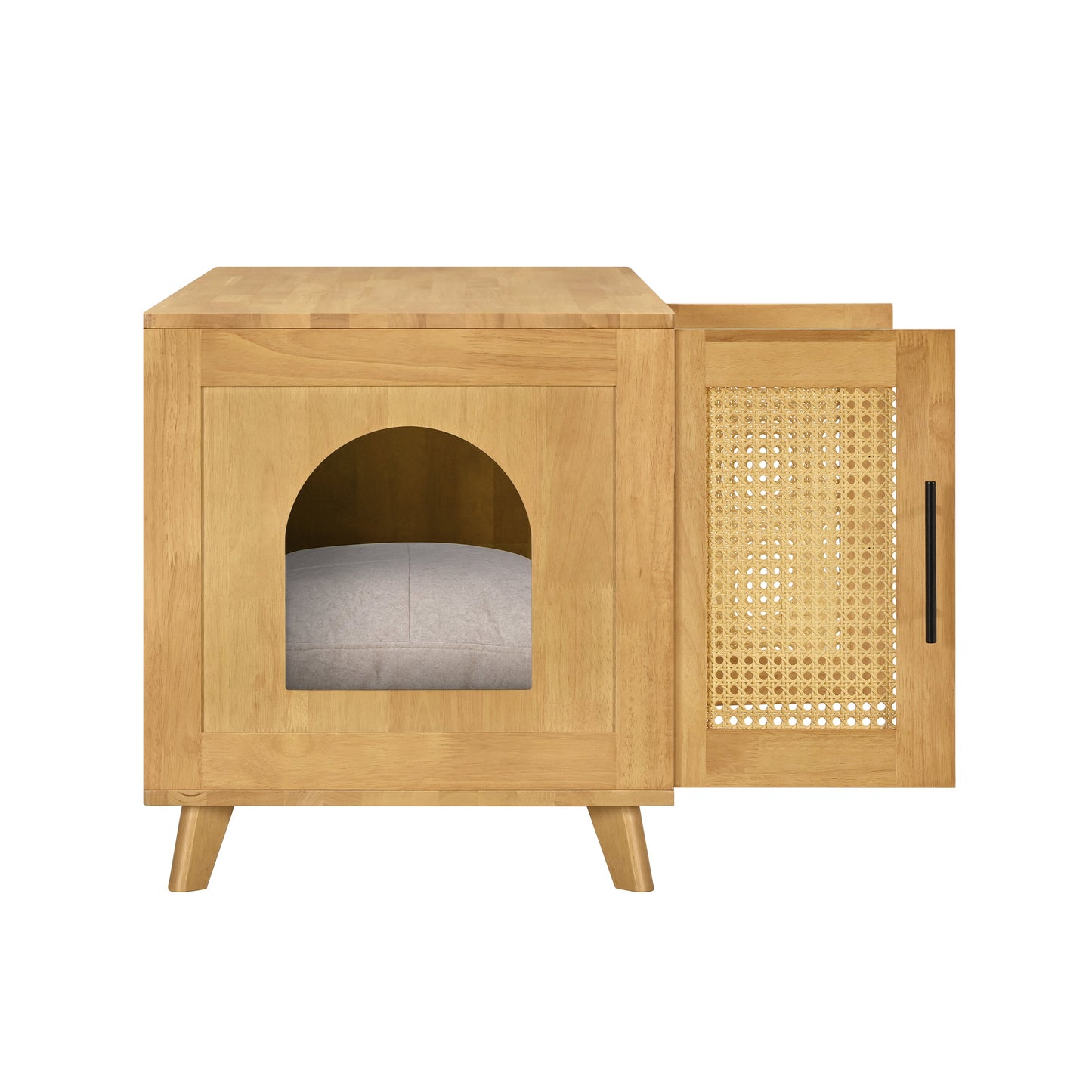 Myra indoor rubber wood cat cabinet with plush cushion, natural finish on Tampa Home & Garden Store