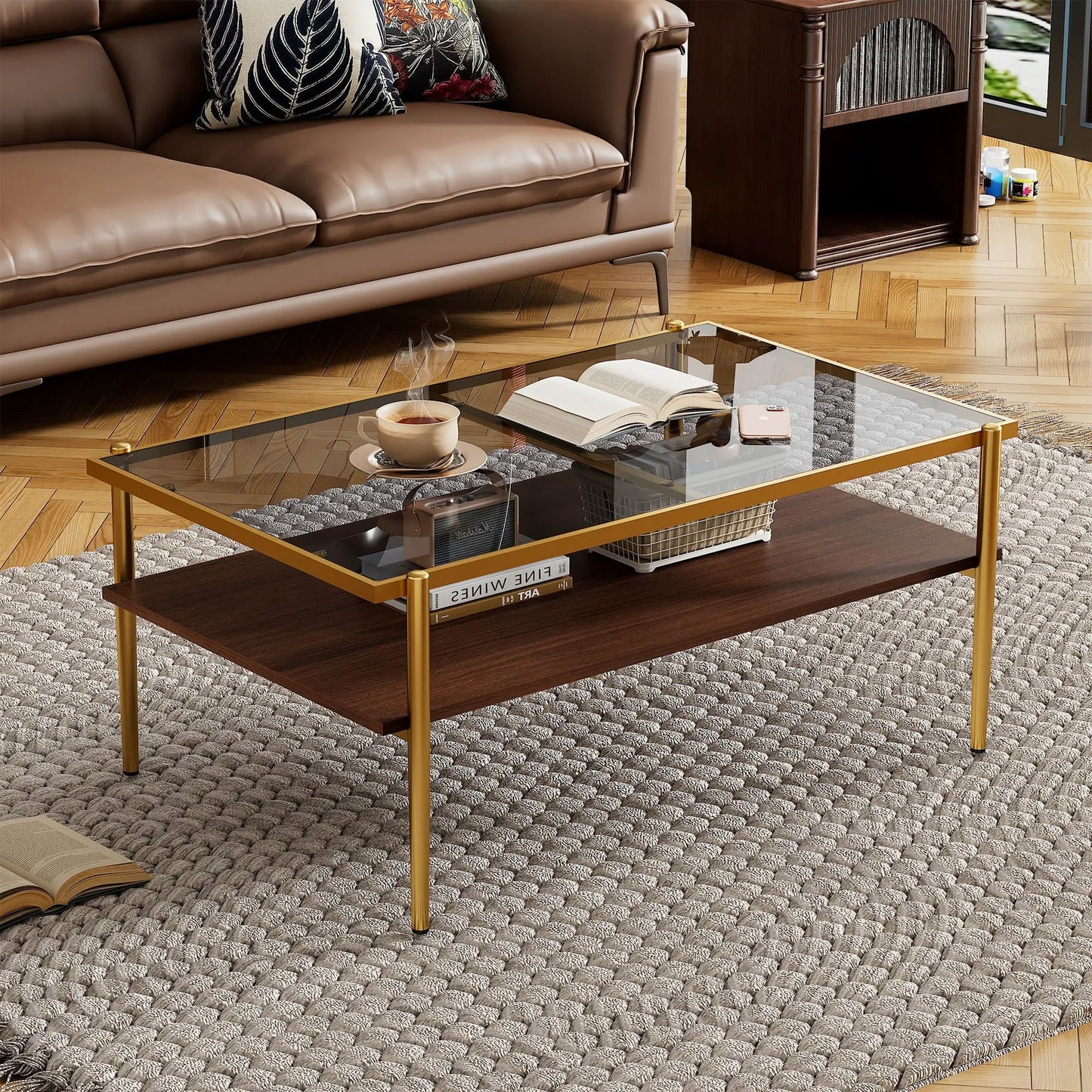 Rectangle tempered-glass coffee table with gold frame beside a tan leather sofa on Tampa Home & Garden Store