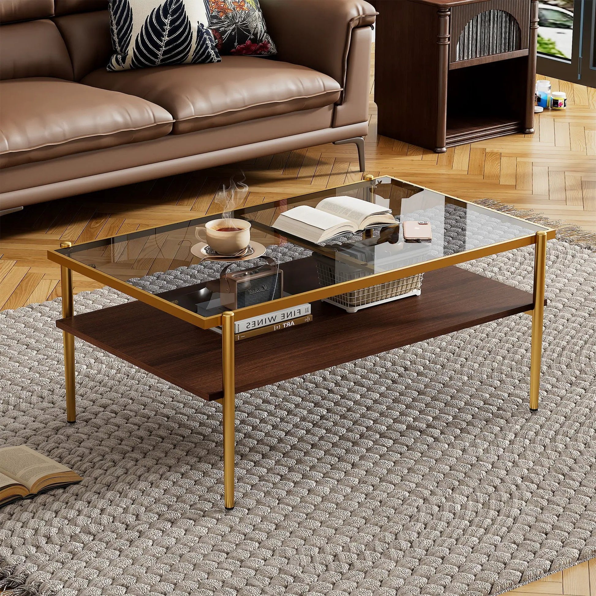 Rectangle tempered-glass coffee table with gold frame beside a tan leather sofa on Tampa Home & Garden Store