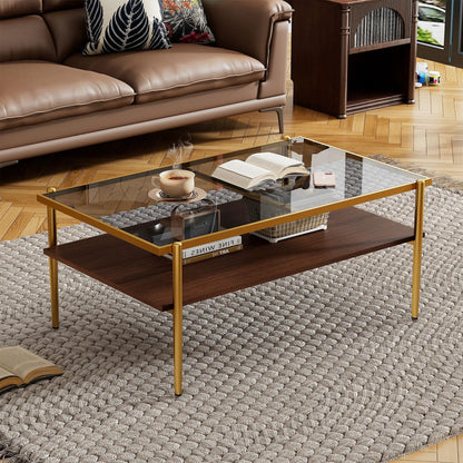 Rectangle tempered-glass coffee table with gold frame beside a tan leather sofa on Tampa Home & Garden Store