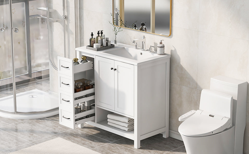 36in white bathroom vanity with sink top, pullout drawers, and towel shelf on Tampa Home & Garden Store