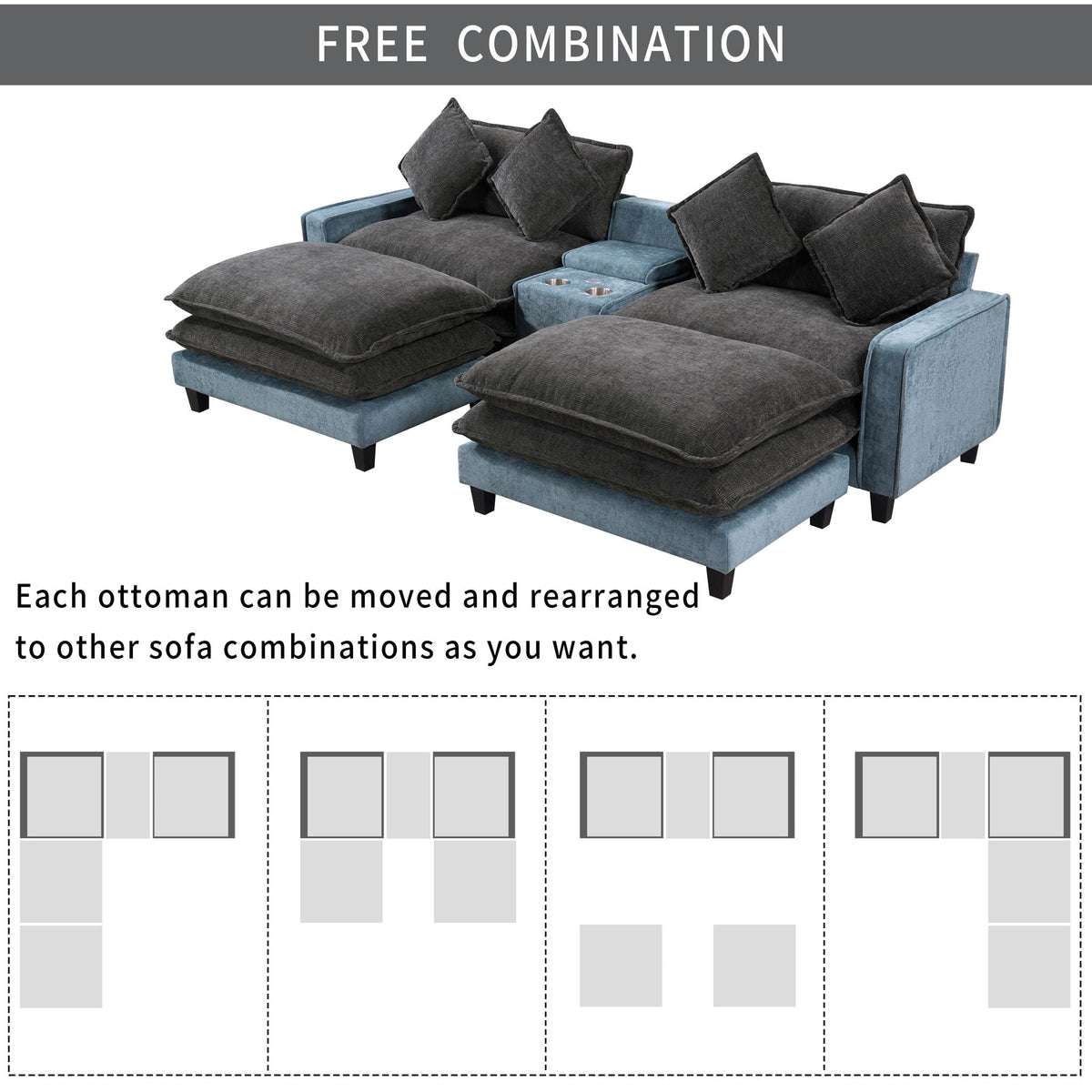 Sectional sofa HouseOfZazla gray/blue 3-piece set with removable ottomans and cup holders on Tampa Home & Garden Store