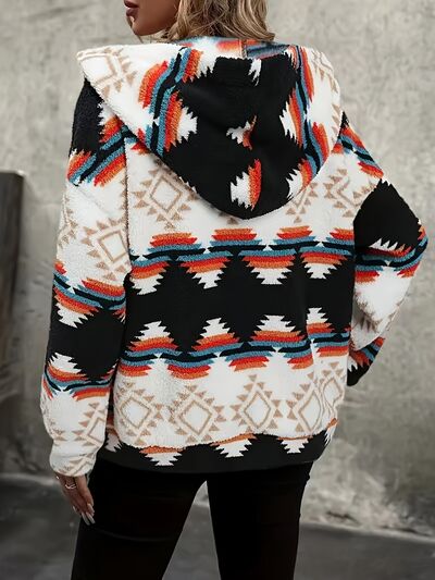Geometric zip-up sherpa jacket by Stevvex with hood and pockets in white black red pattern on Tampa Home & Garden Store