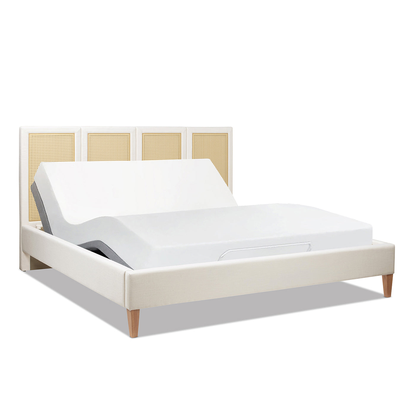 Toscana King Upholstered Cane Back Bed Antique with caned panels, white frame on Tampa Home & Garden Store