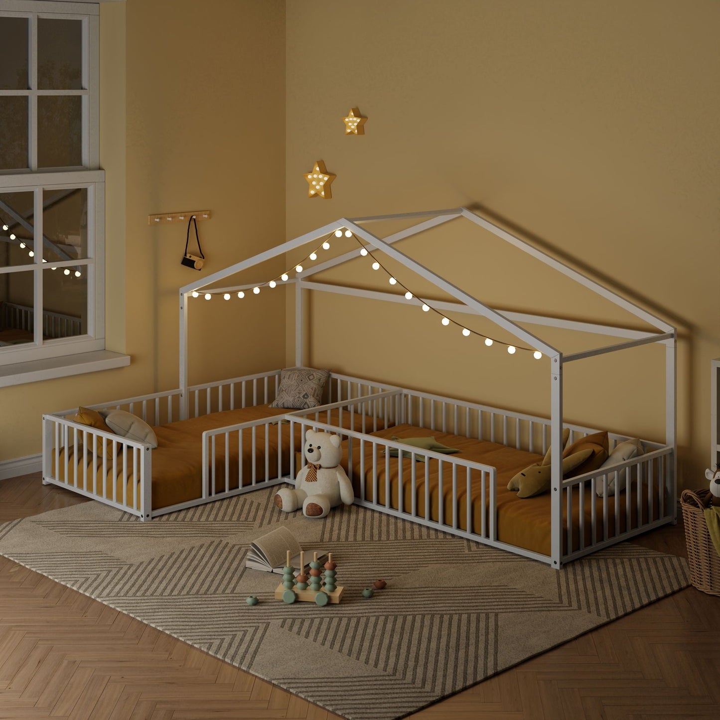 L-Shaped Montessori Bed For 2 Kids With Partitioned Fence, white metal canopy frame on Tampa Home & Garden Store