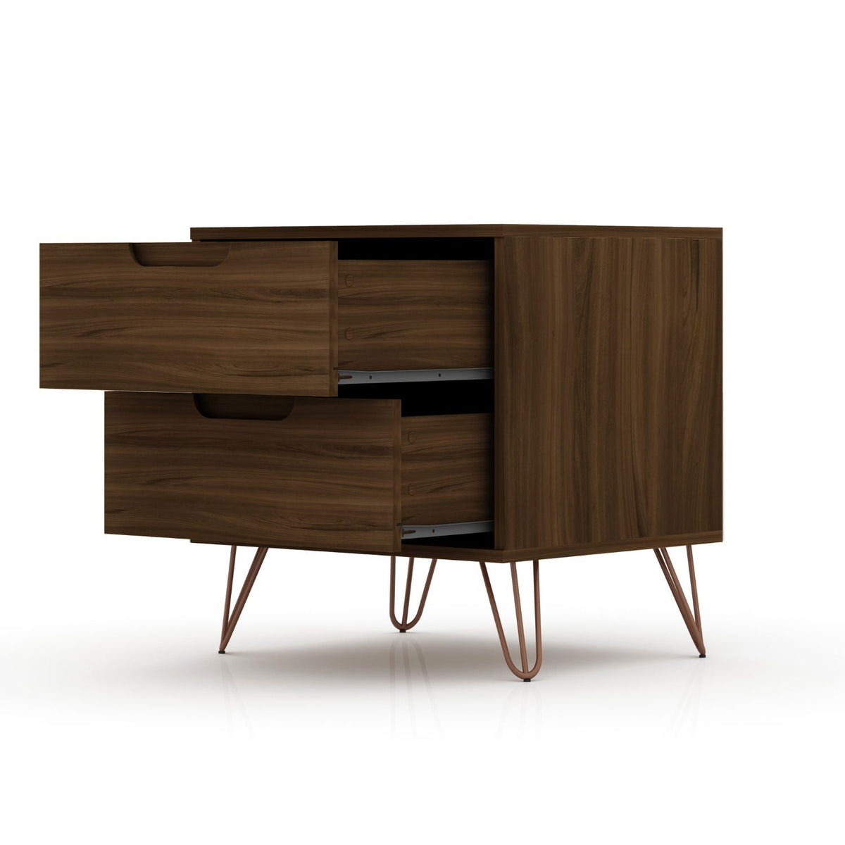 2 Drawer Nightstand with splayed copper legs in walnut veneer, two drawers and right cabinet on Tampa Home & Garden Store