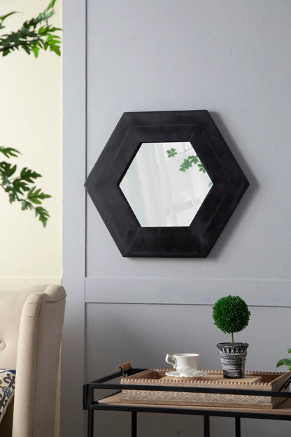 Hexagon accent mirror with natural wood frame, wall decor for living room on Tampa Home & Garden Store