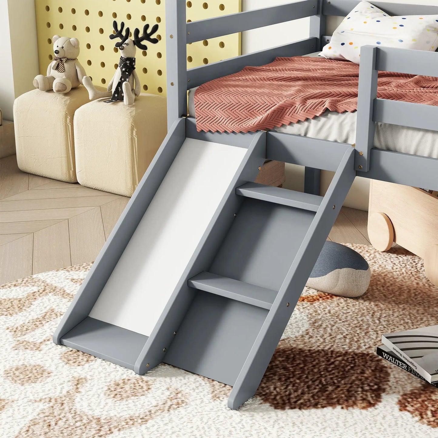Low Loft House Bed With Slide and Guardrails
