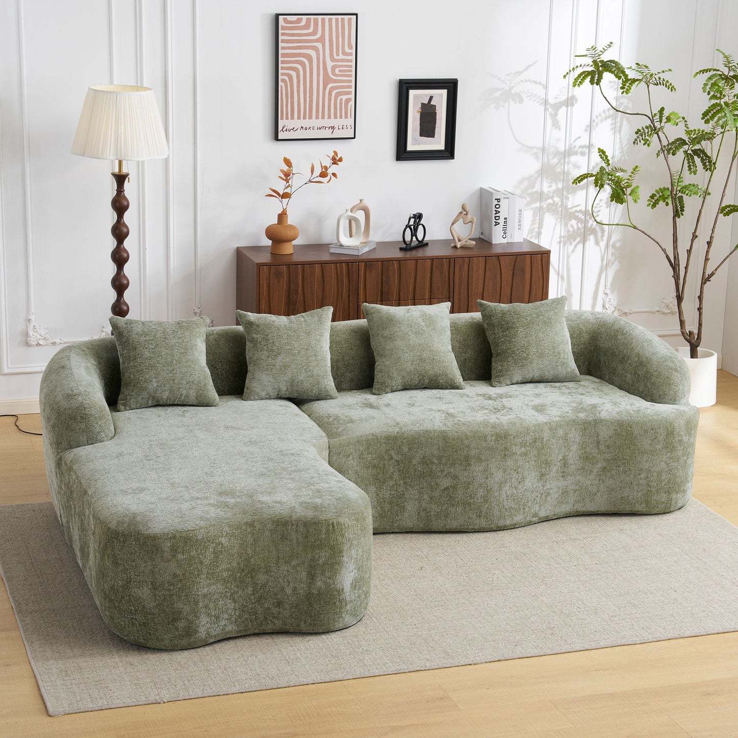 Modular L-shaped sectional sofa with curved chaise in green velvet by HouseOfZazla on Tampa Home & Garden Store