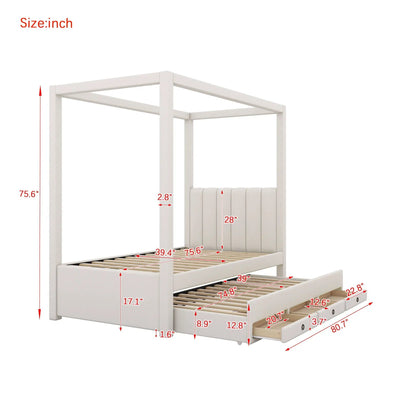 White upholstered canopy bed with trundle and 3 storage drawers by Unique Piece Furniture on Tampa Home & Garden Store