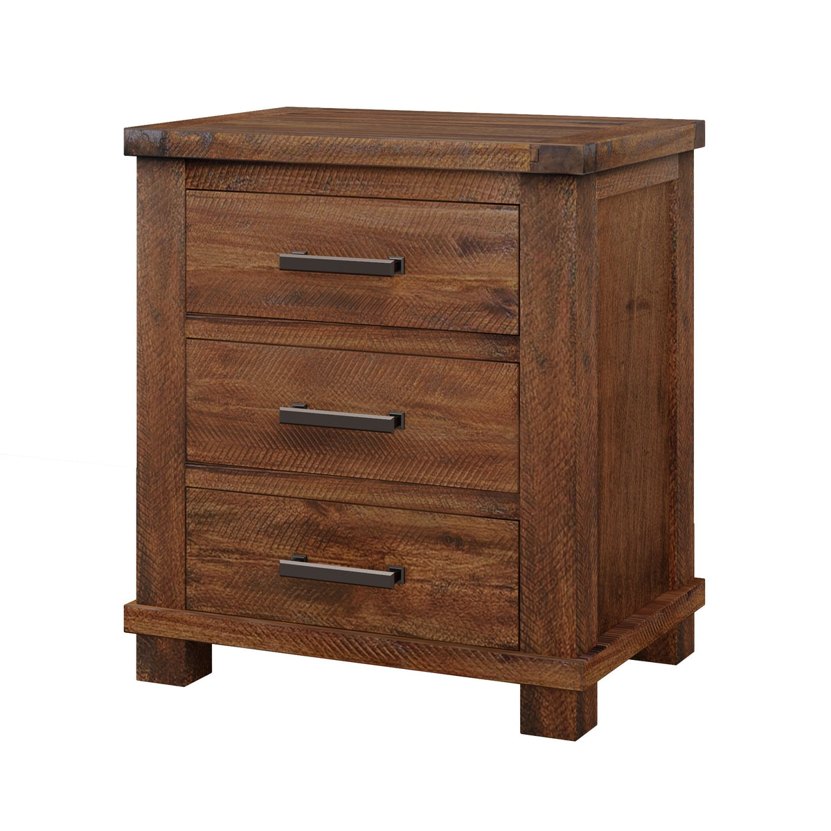 Rustic three-drawer reclaimed solid wood farmhouse nightstand with metal bar pulls on Tampa Home & Garden Store
