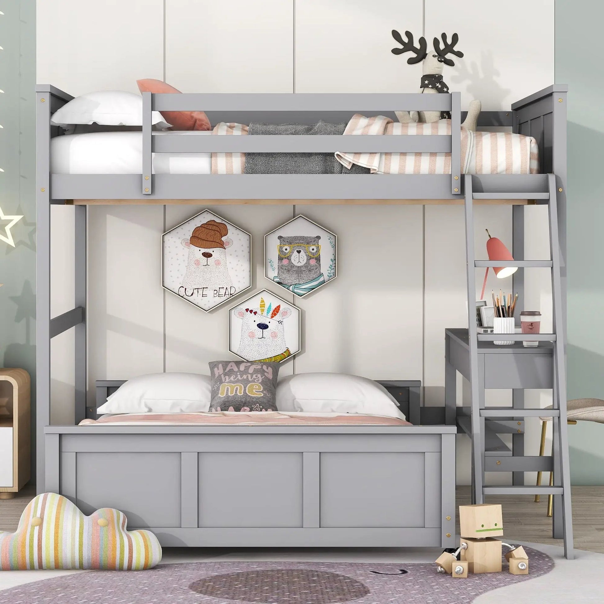 Full over full bunk bed with desk by Unique Piece Furniture, gray finish, two beds, ladder on Tampa Home & Garden Store