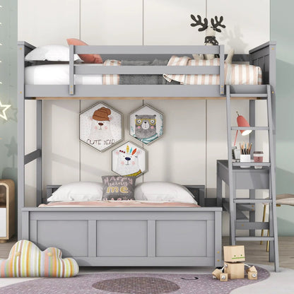 Full over full bunk bed with desk by Unique Piece Furniture, gray finish, two beds, ladder on Tampa Home & Garden Store