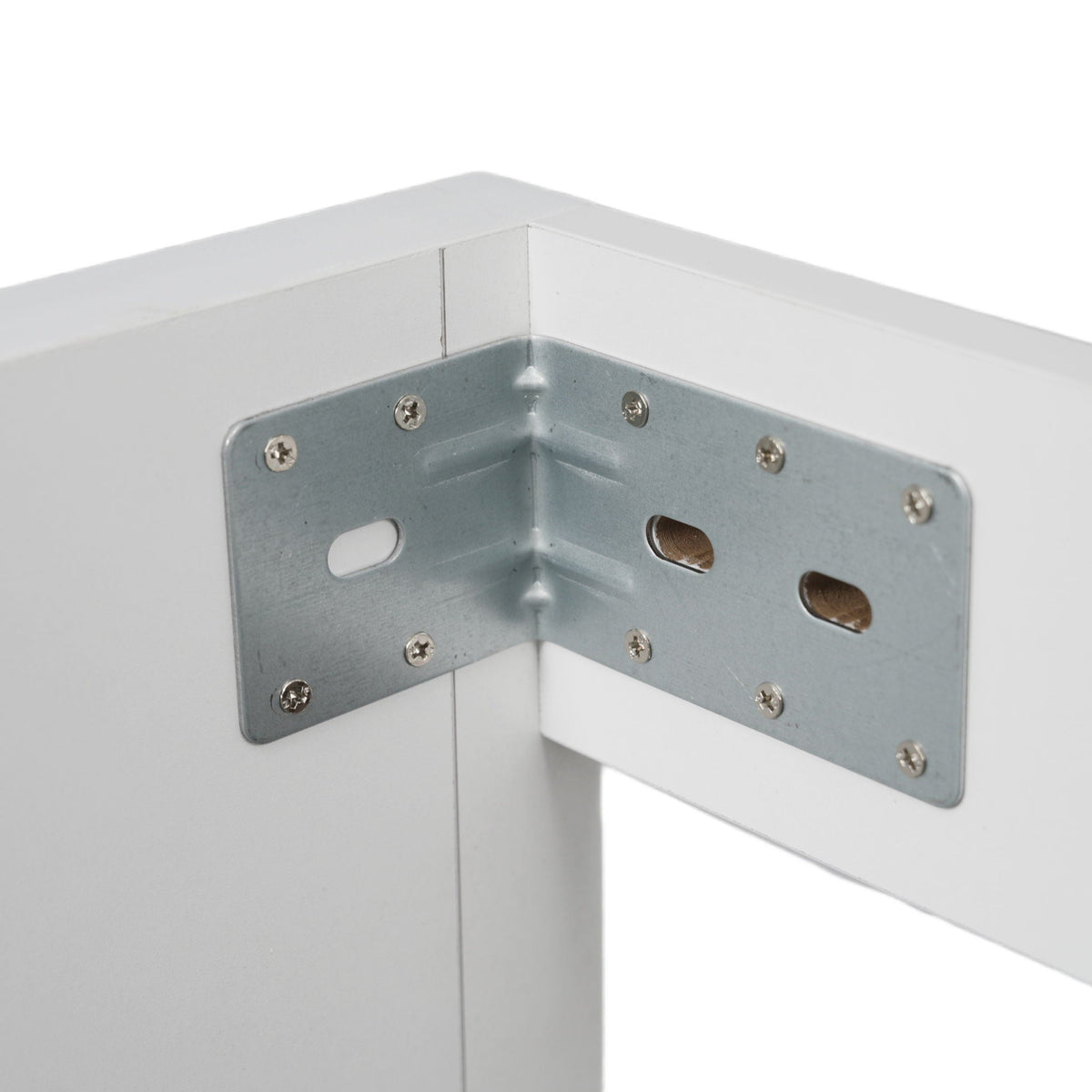 Modern bathroom vanity mounting bracket on white cabinet edge with metal plate and screws on Tampa Home & Garden Store