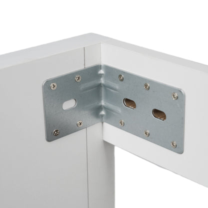 Modern bathroom vanity mounting bracket on white cabinet edge with metal plate and screws on Tampa Home & Garden Store