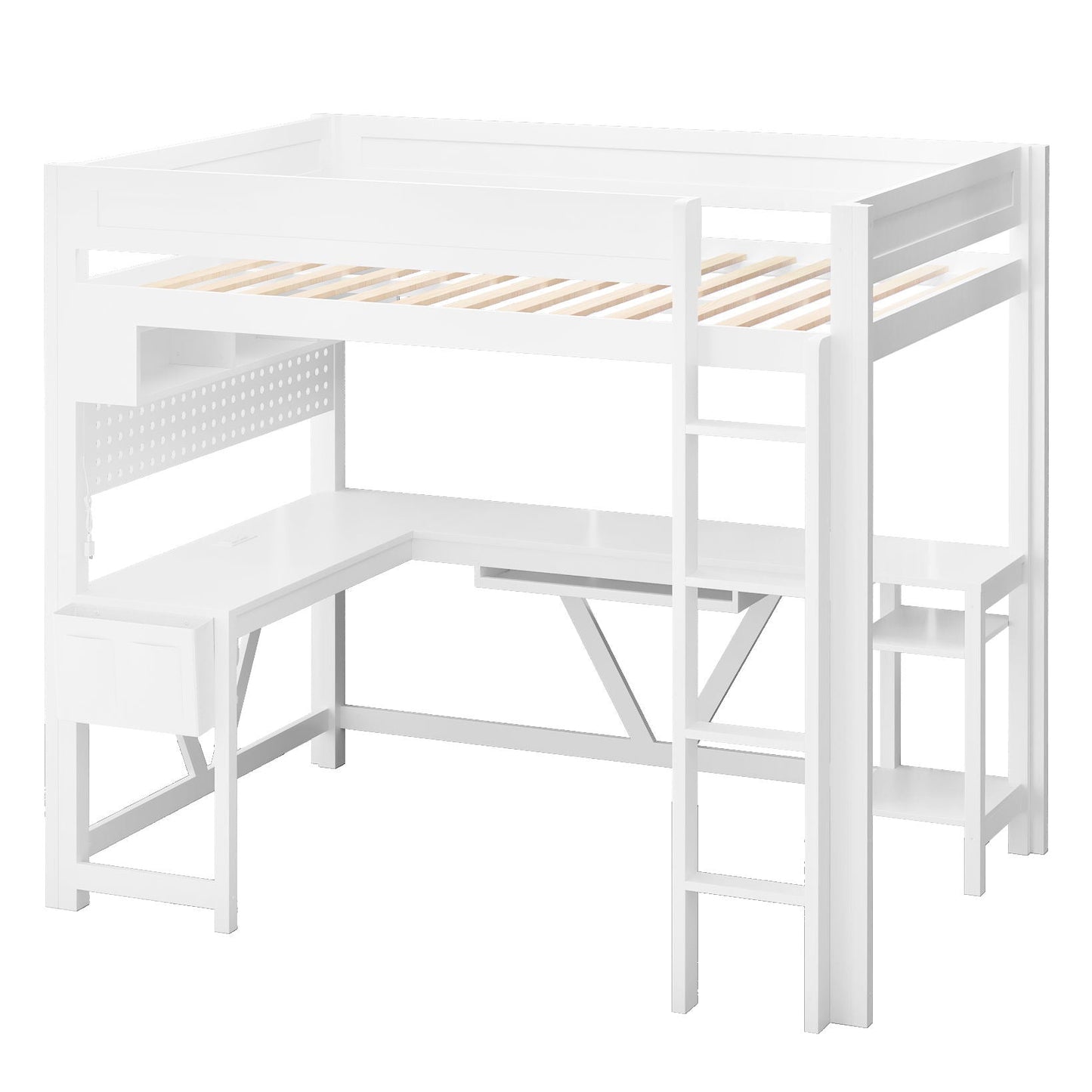 White gaming loft bed with desk, storage shelves, LED and charging station by HouseOfZazla on Tampa Home & Garden Store