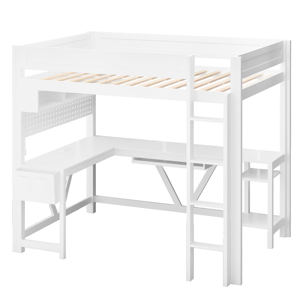 White gaming loft bed with desk, storage shelves, LED and charging station by HouseOfZazla on Tampa Home & Garden Store