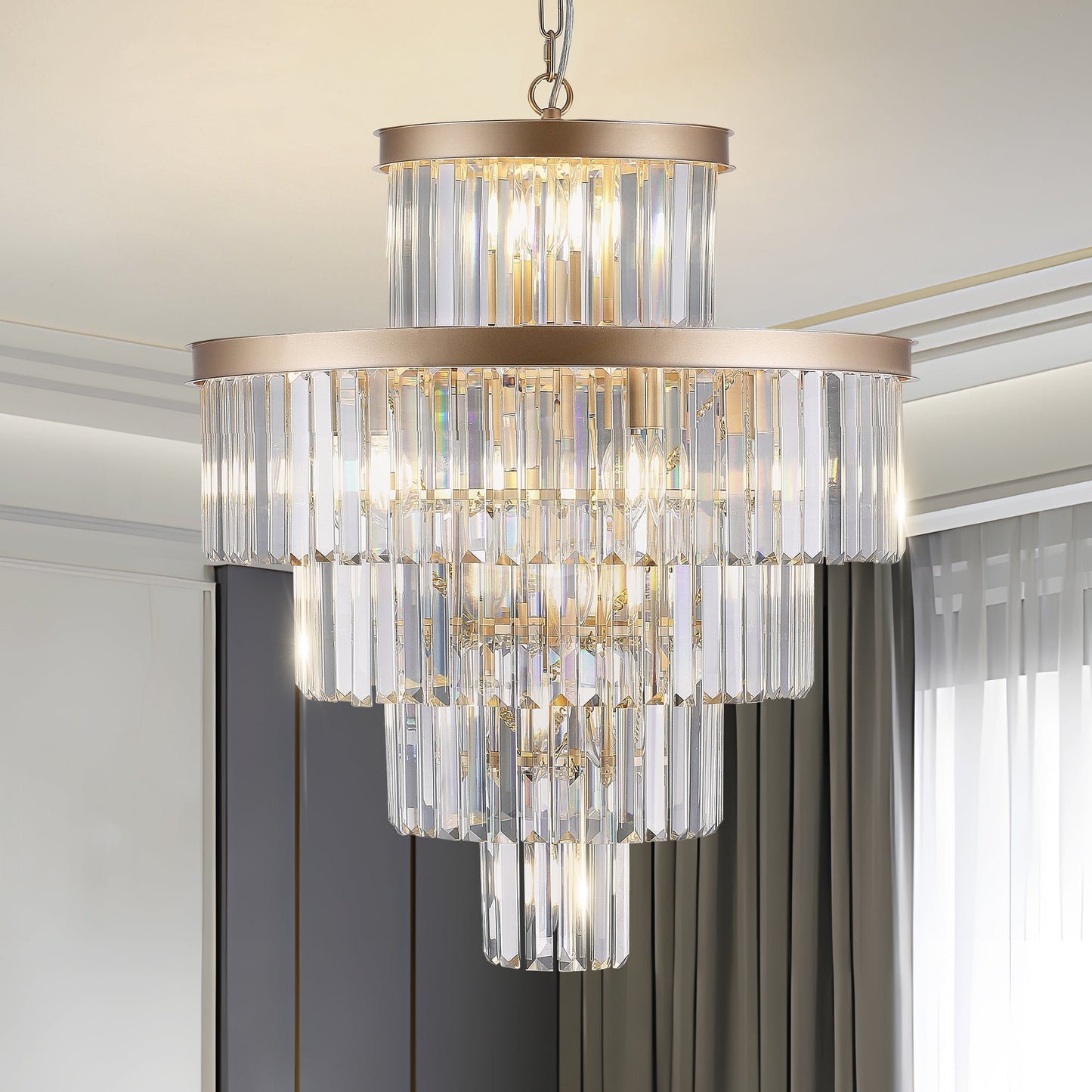 Golden luxury crystal chandelier 23.6in with gold frame and crystal prisms by HouseOfZazla on Tampa Home & Garden Store