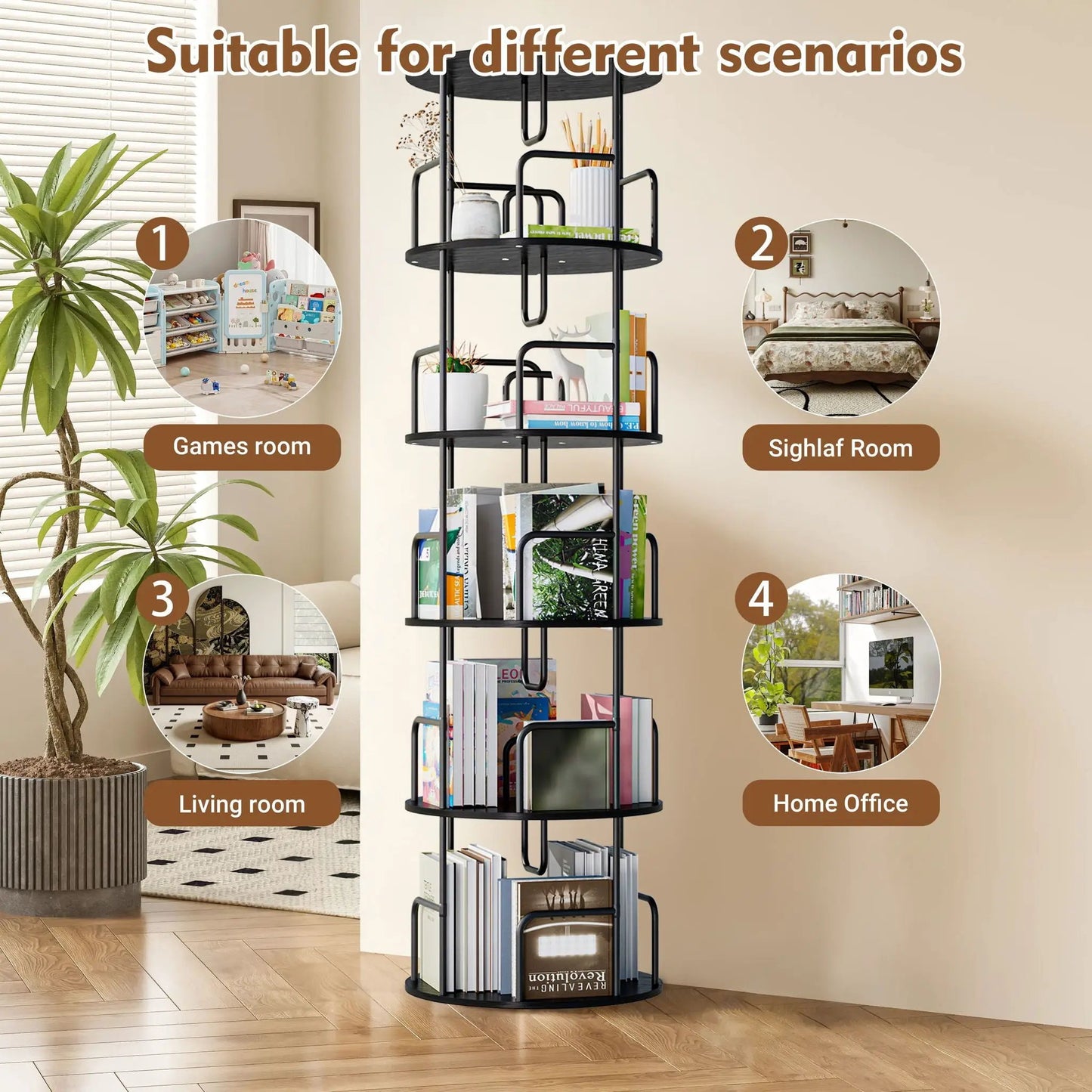 Rotating Bookshelf Tower 5 Tier Spinning Shelf