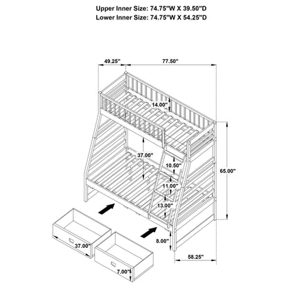 Newhall bunk bed with 2 drawers, wooden frame, dimension diagram on Tampa Home & Garden Store