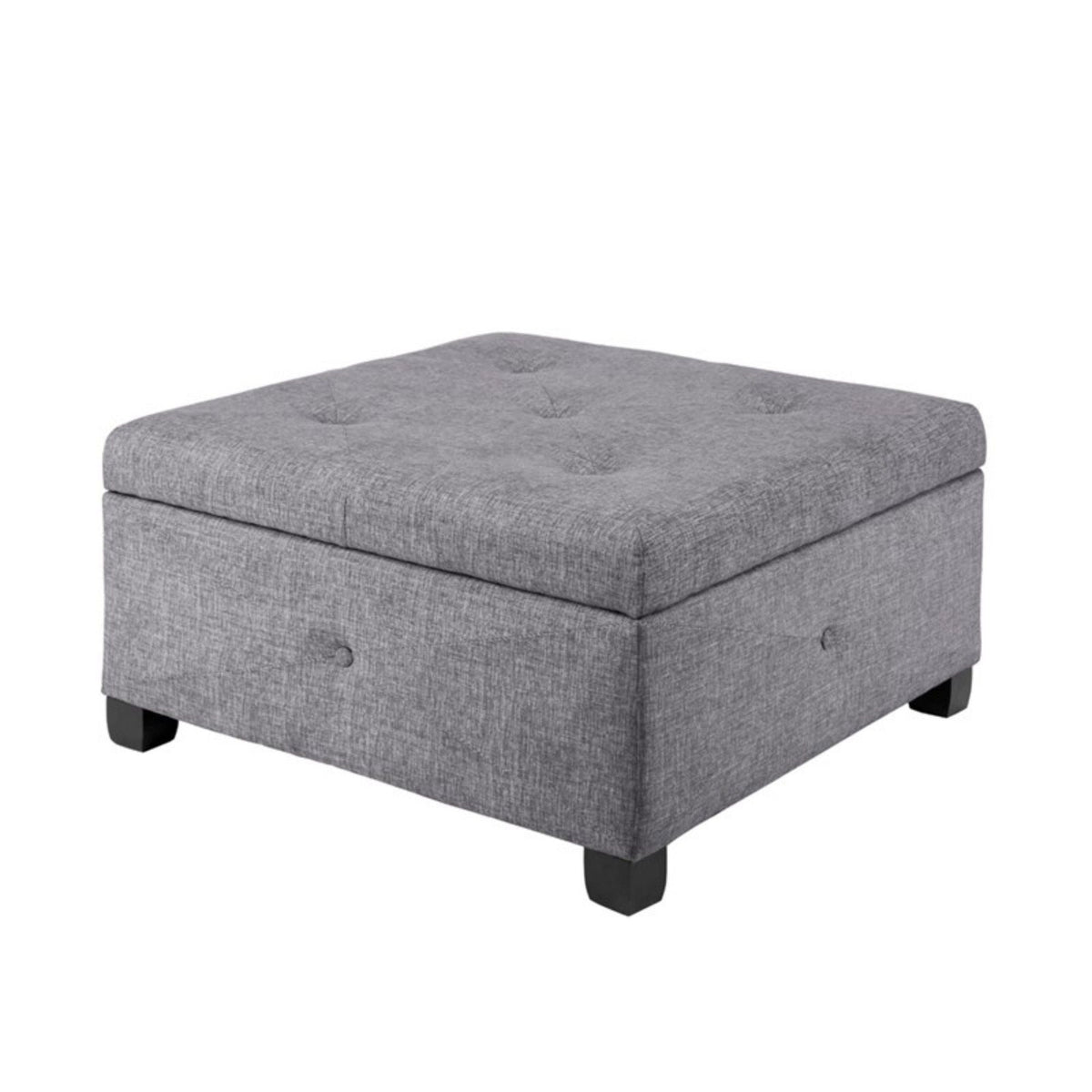 Aspen storage ottoman in gray upholstery with tufted lid and dark legs on Tampa Home & Garden Store