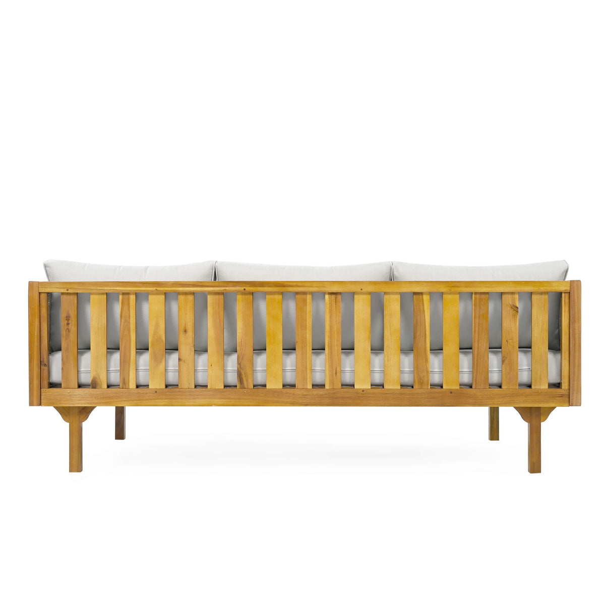 Claremont 3 Seater Daybed in teak acacia wood with light gray water resistant cushions on Tampa Home & Garden Store