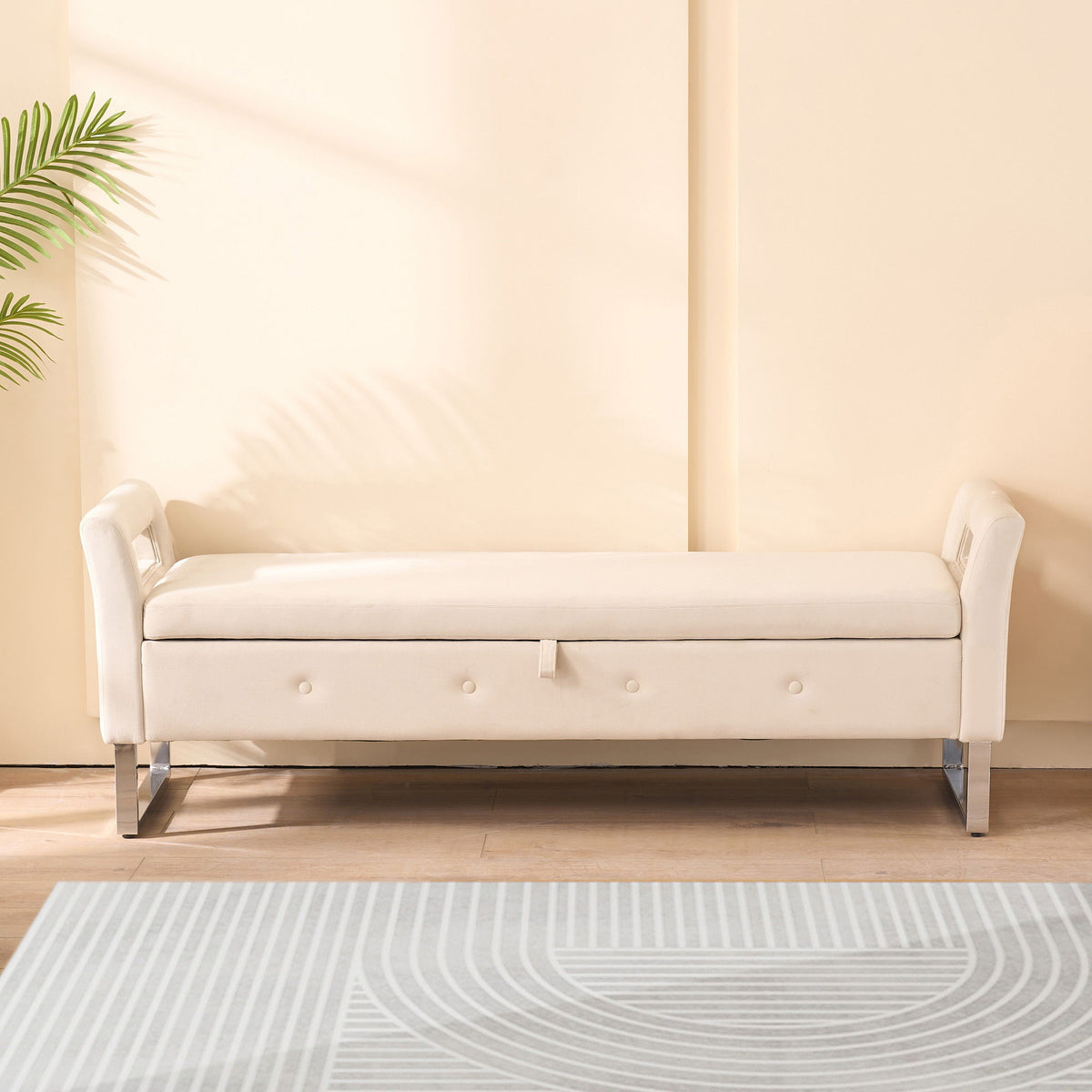 Wide fabric storage ottoman bench with armrests and storage drawer in cream by HouseOfZazla on Tampa Home & Garden Store