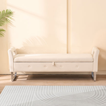 Wide fabric storage ottoman bench with armrests and storage drawer in cream by HouseOfZazla on Tampa Home & Garden Store