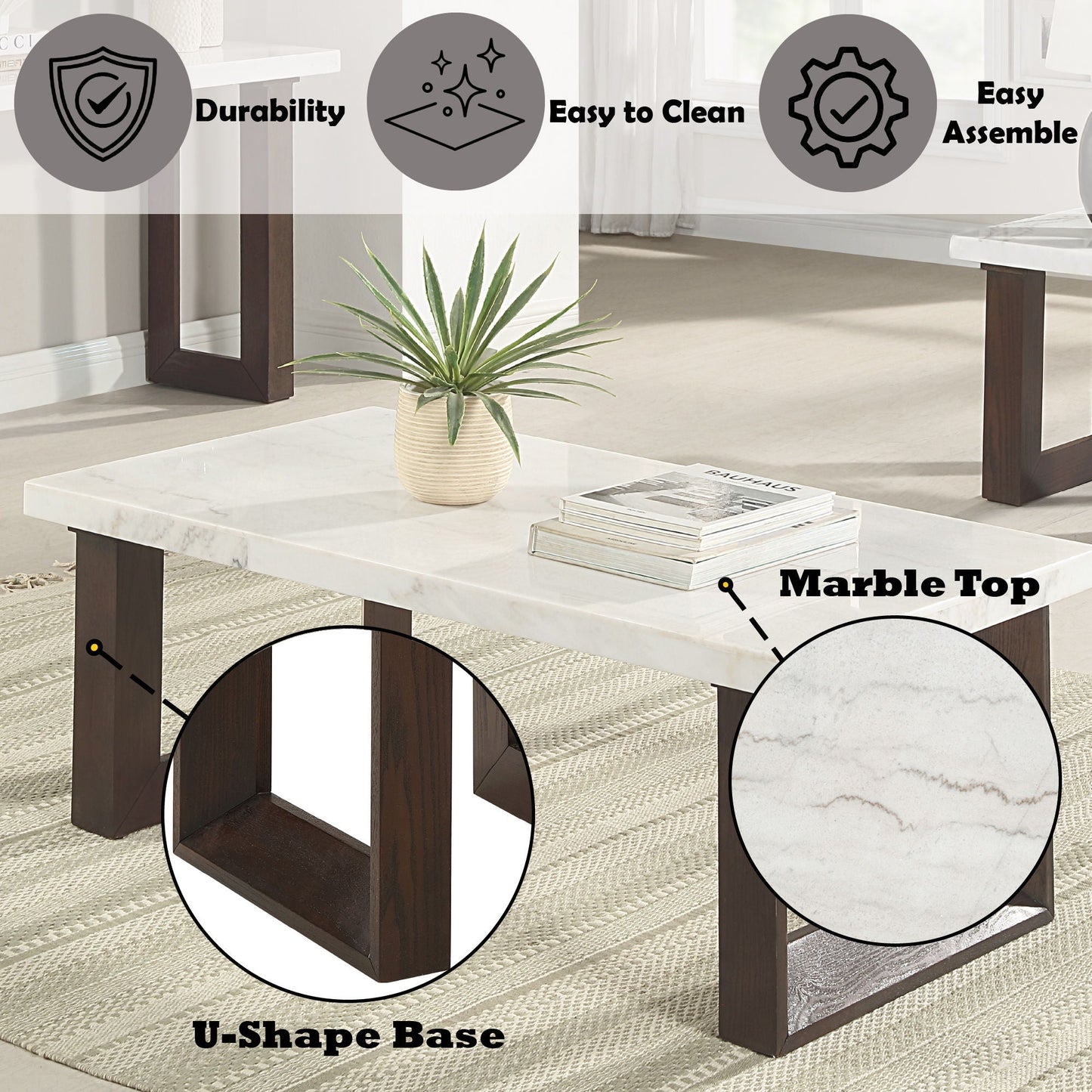 Edwyn Natural Marble Top End Table pair with marble top dark wood U-shaped base HouseOfZazla on Tampa Home & Garden Store