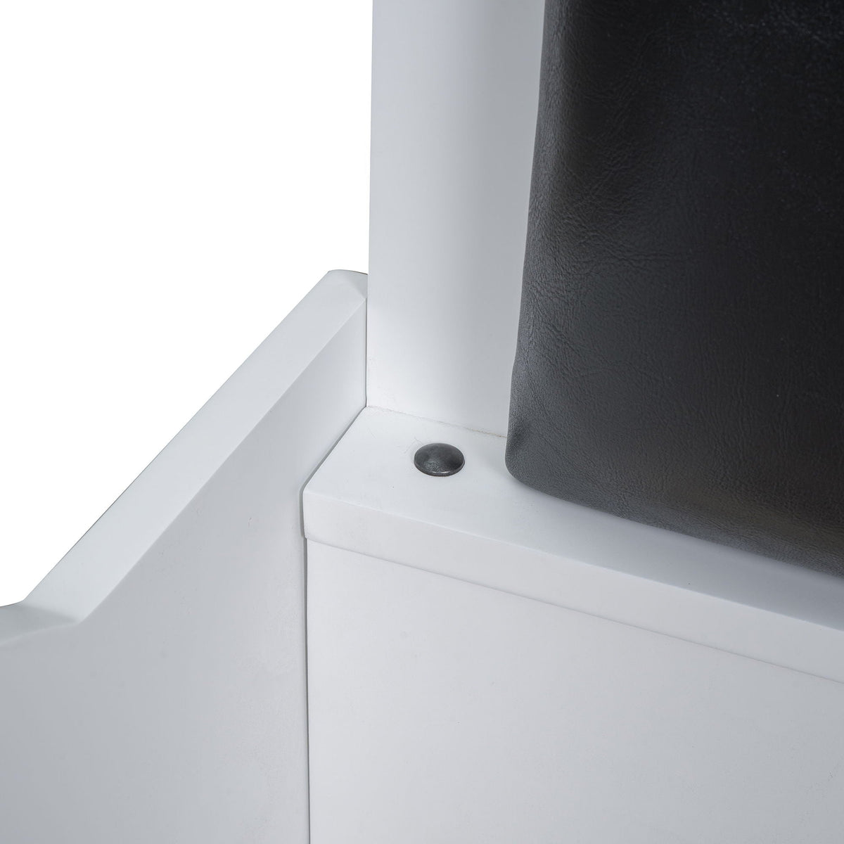 Race car bed platform with black upholstered backrest and white frame, close-up corner detail on Tampa Home & Garden Store