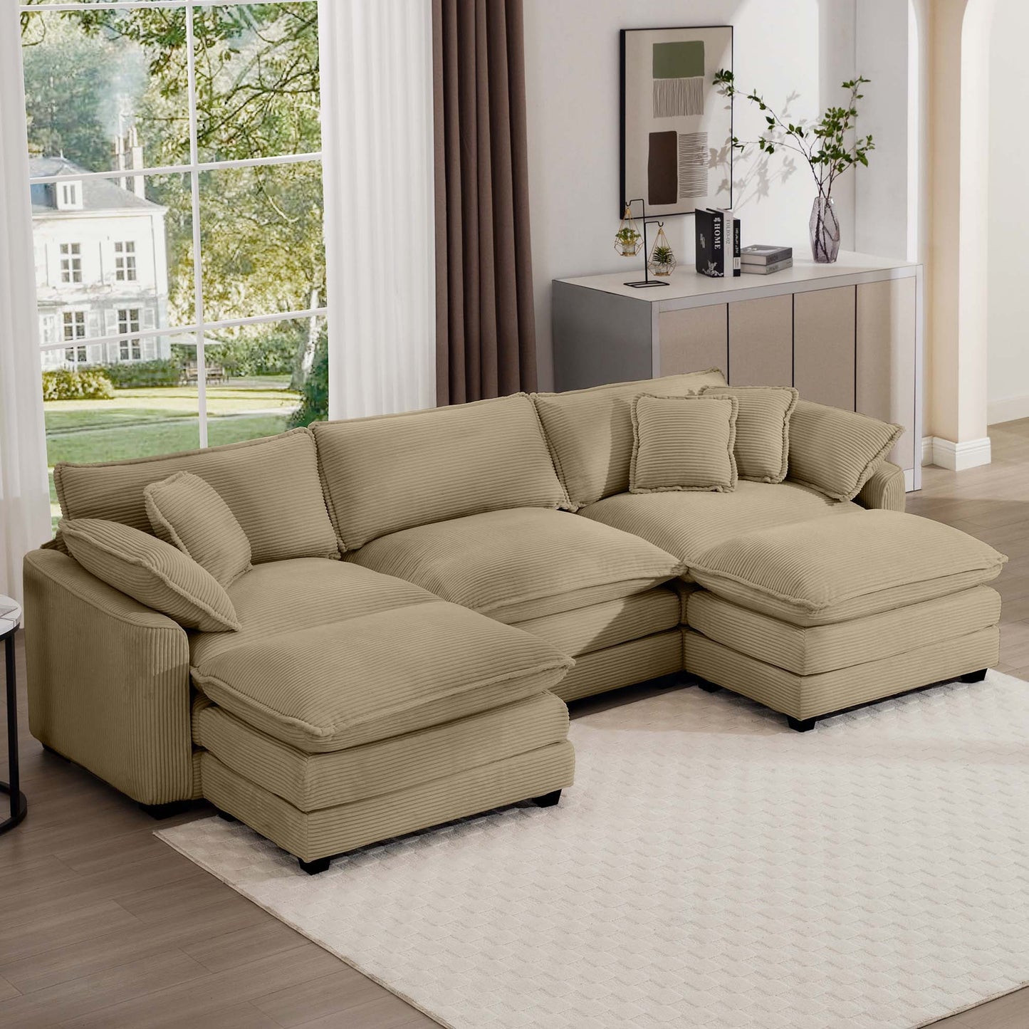 2-piece oversized modular sofa with ottoman by HouseOfZazla in beige ribbed fabric on Tampa Home & Garden Store
