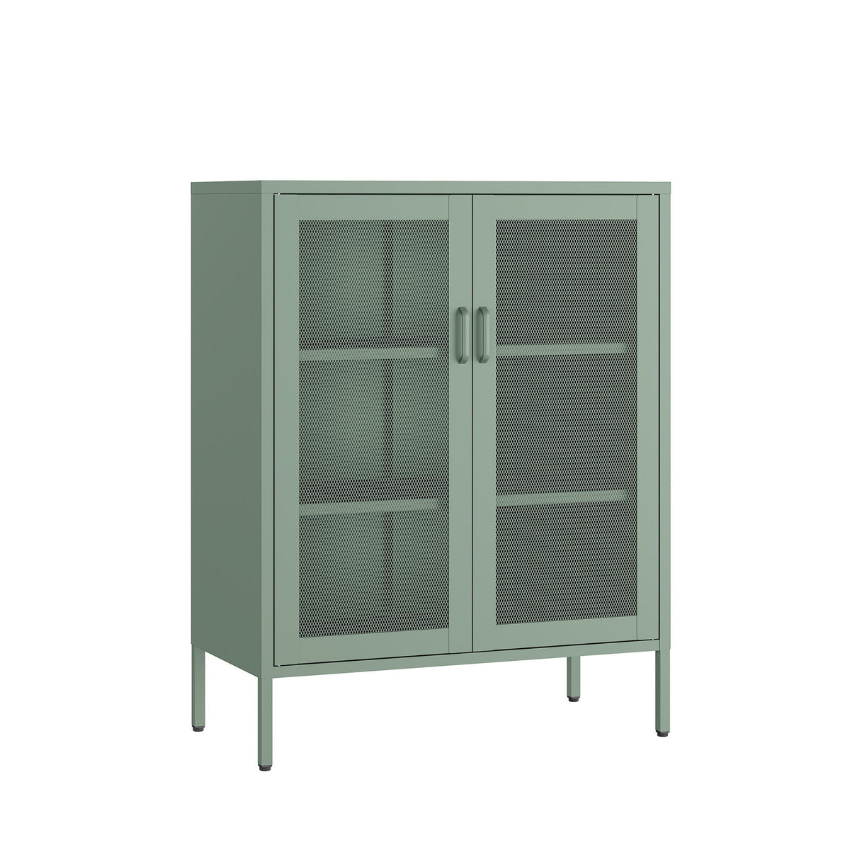 Metal accent cabinet with adjustable shelves by HouseOfZazla, mesh doors in sage green on Tampa Home & Garden Store