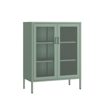 Metal accent cabinet with adjustable shelves by HouseOfZazla, mesh doors in sage green on Tampa Home & Garden Store