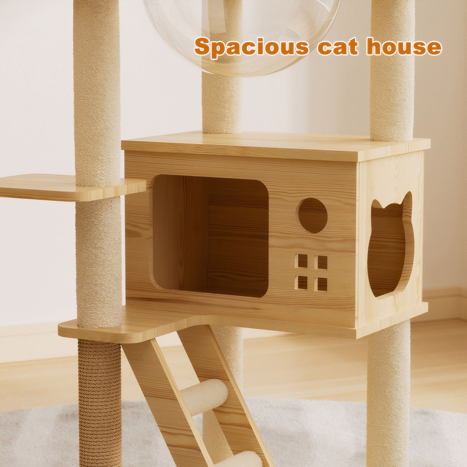 Modern wooden cat tower with sisal posts, enclosed cat house and ladder in natural/white finish on Tampa Home & Garden Store