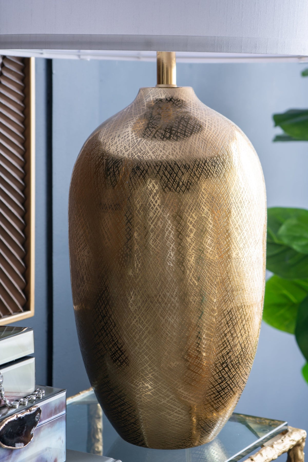 Table lamp gold round aluminum sheet base with brass neck on Tampa Home & Garden Store