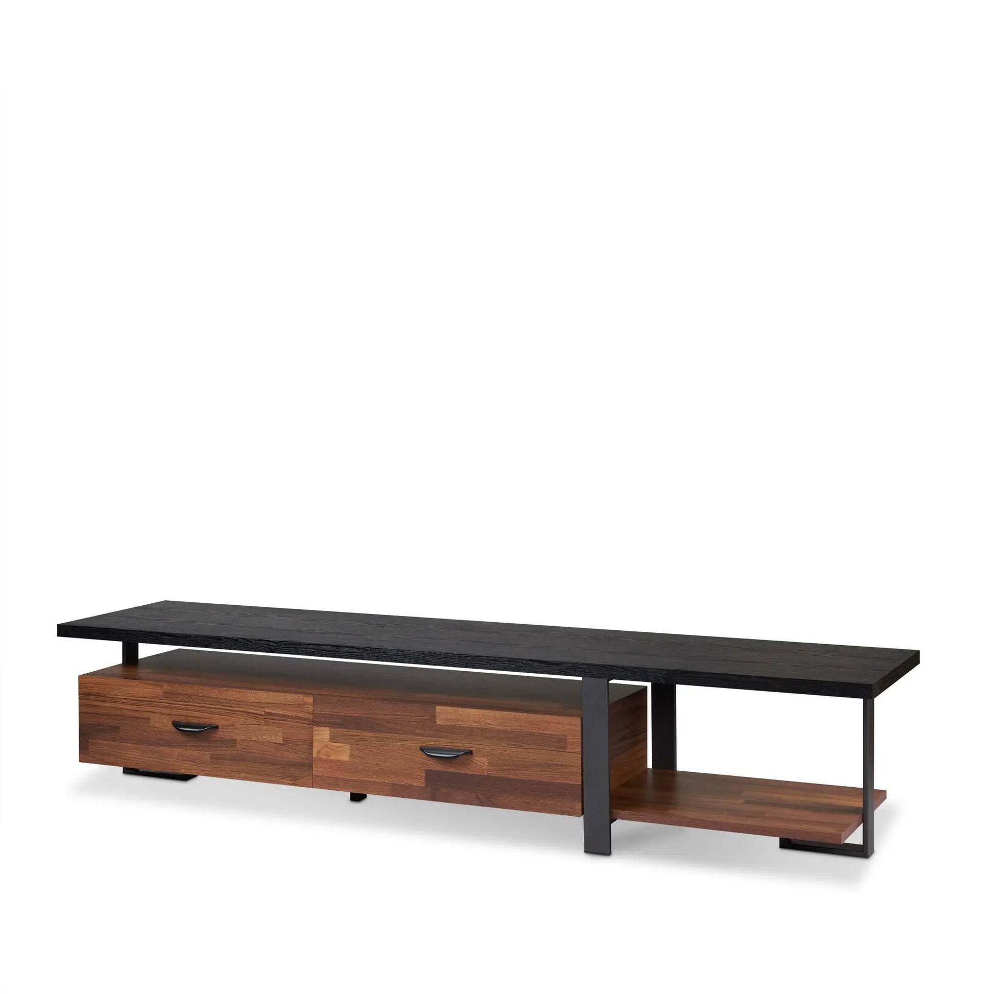Elling TV Stand walnut and black with two wood drawers and metal legs on Tampa Home & Garden Store