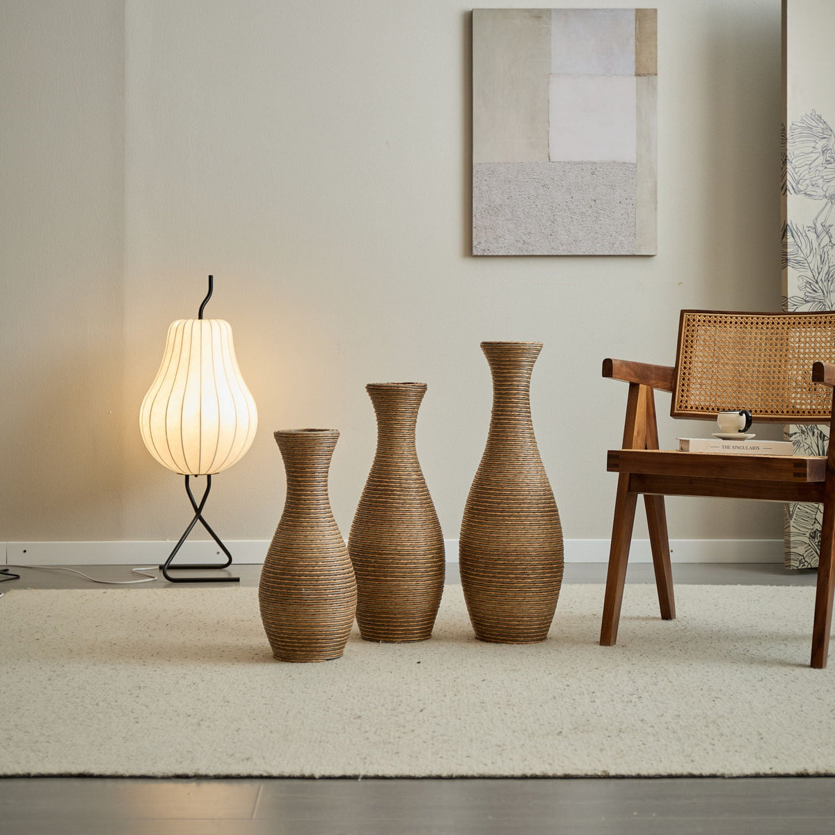 3-piece beige artificial rattan floor vase set by HouseOfZazla in varied heights on Tampa Home & Garden Store
