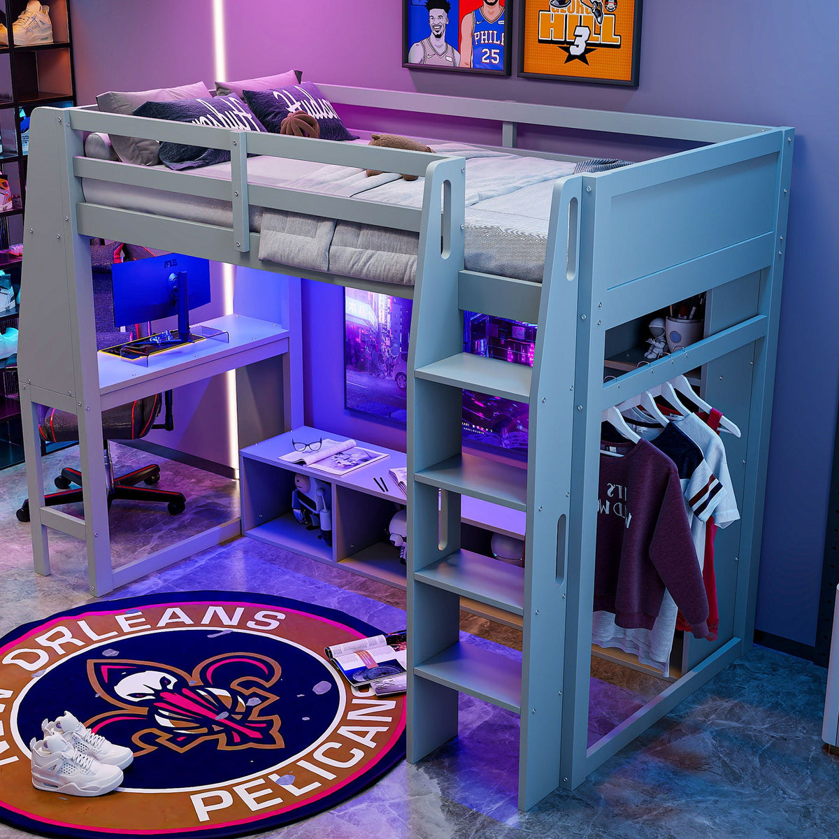 Gaming Loft Bed with Desk by HouseOfZazla, blue frame and LED lighting with storage shelves on Tampa Home & Garden Store